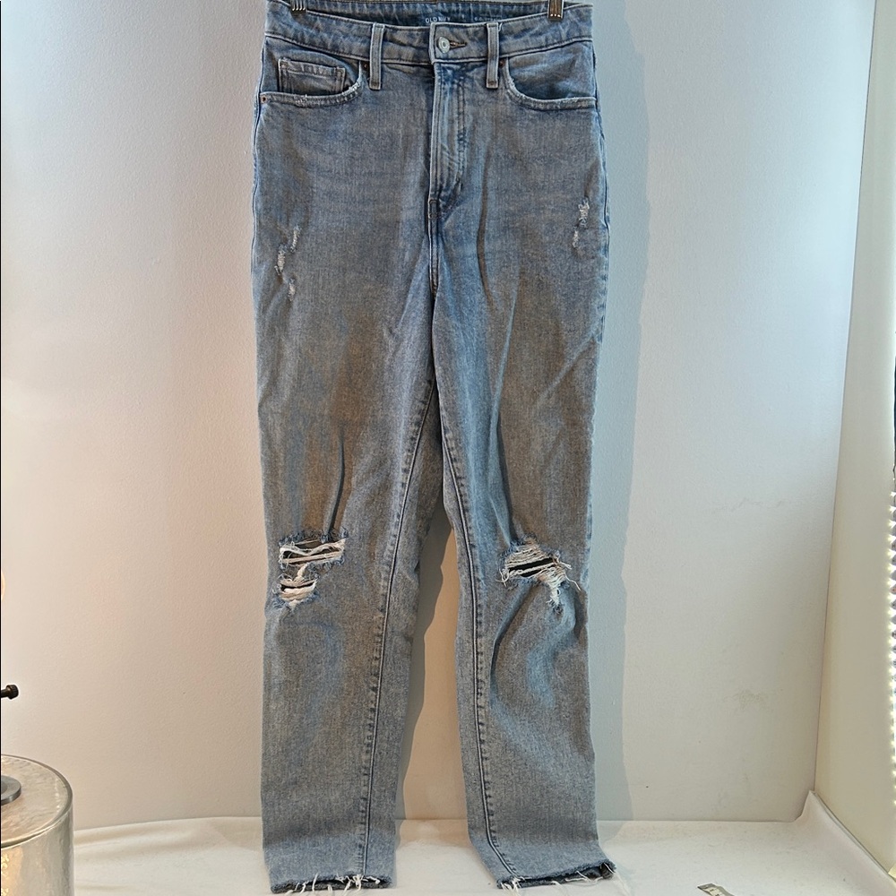 Light Blue Higher High Rise Stone-washed Distressed Women O.G. Straight Jeans